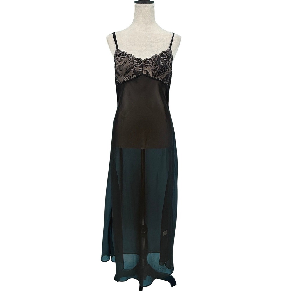 CHANGE Black Lace Trim Sheer Full‎ Length Slip Dress/Nightgown L